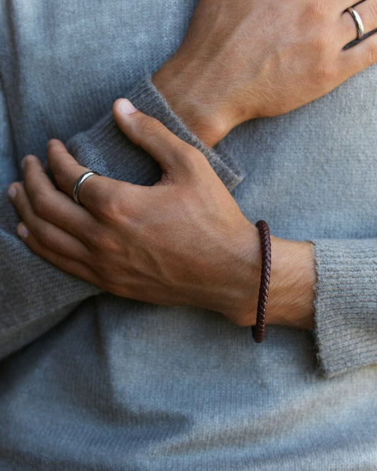 LEREN ARMBAND — BRUIN MET ZILVER